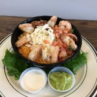 shrimp burrito bowl · your choice of meat flour tortilla, rice, beans, Oaxaca cheese, sour cream, Cotija cheese, g...