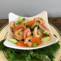 1. Balsamic Shrimp Salad · Shrimp, spinach, lettuce, carrots, cucumber and tomato topped with balsamic vinaigrette.