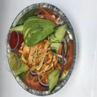 4. Grilled Chicken Avocado Salad · Grilled chicken, avocado, lettuce, carrot, cucumber, tomato and red onion.
