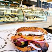  Pastrami Lox Special · Hand rolled Bagel with Fresh Pastrami sliced Lox, Cream Cheese, Tomato, Capers & Onion 