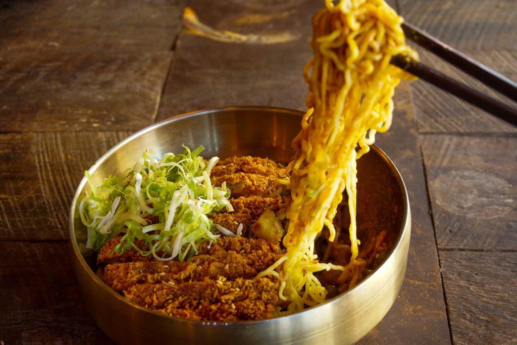 Curry Chicken Katsu · Breaded crispy chicken. korean madras curry sauce, scallions, sesame seeds