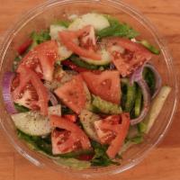 Garden Salad · Romaine topped with green pepper, cucumber, tomato, onion dressed in italian dressing 
