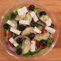 Greek Salad · Romaine Lettuce, Tomato, Onion,Green Pepper, Olive, Cucumber, Feta Cheese. Mixed in Italian ...