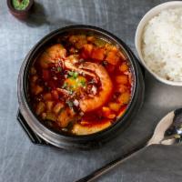 Soon Du Bu · Soft tofu stew with rice.
This soft tofu stew is basically vegetable broth with squash and o...