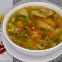 Wonton Soup · Thaisian clear broth with wontons, chicken slices, carrots, celery, white onions and cabbage...