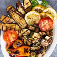 Vegetable Platter · Grilled vegetables, falafel, patties, roasted red peppers, avocado, cherry, tomatoes, hummus...