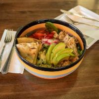 Mexican Salad Bowl · Brown rice, black beans, avocado, roasted chicken, pico de gallo, baby spinach, roasted red ...