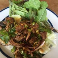 Num Tok Beef · Spicy. grilled beef, red onion, mint, scallion, cilantro, chili, lime juice and roasted stic...