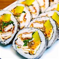 Donkatsu Kimbap (돈까스 김밥) · Pork cutlet, yellow pickle radish, carrot, spinach, cabbage, egg, burdock sesame oil and sea...