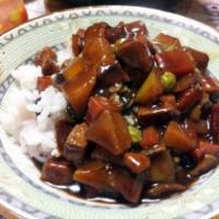 Zza Jang Over Rice (짜장 덮밥) · Rice with black bean sauce,vegetables, pork and egg 