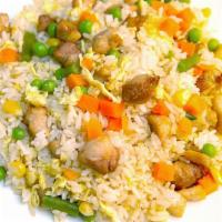 Fried Rice with Chicken (치킨 볶음밥) · Pan fried white rice with egg and mixed vegetables with chicken and miso soup.