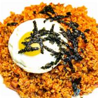 Kimchi Fried Rice (김치볶음밥) · Fried rice with spam and kimchi topped with fried egg. and miso soup.