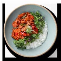 Spicy Pork over Rice (제육덮밥) · Spicy pork and vegetables over white rice  and miso soup.