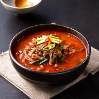 Spicy Shredded Beef Soup (육개장) · Yukgaejang. Shredded beef and vegetables in spicy beef broth. Served with rice. Spicy.