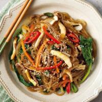 Japchae (잡채) · Stir-fried glass noodle with mixed vegetables, add extra bulgogi for an additional charge.