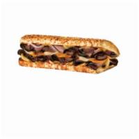 Black Angus Steakhouse Sub · Black Angus steak, provolone, cheddar, sauteed mushrooms, onions and zesty grill sauce on ro...