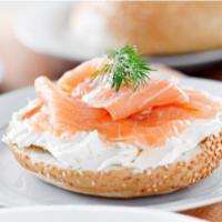 Bagel with Lox and Cream Cheese · Toasted bagel, with lox and cream cheese added.
