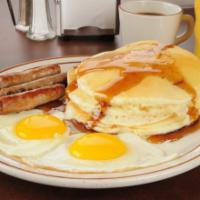 Pancakes with Eggs and Meat · Served with 3 buttery pancakes cooked to perfection with 2 eggs and customer's choice of mea...