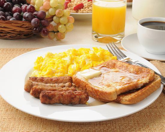 French Toast with Sausage and Eggs · Scrumptious French toast, eggs, and juicy sausage.