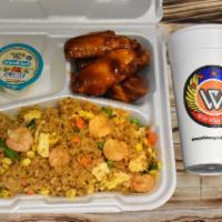Rice with 5 Piece Wings and Drink · Served with coleslaw, hush puppies, tartar sauce, and drink.