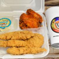 4 Piece Tender with 5 Piece Wings and Drink · Served with one 2 oz. dip sauce.