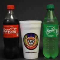 Soda · 20 oz. cup drink and bottle of drink.