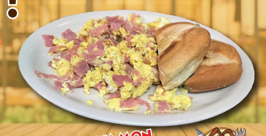 Huevos con Jamon Desayunos · 1 acompañante: croissant, arepa con mantequilla  arepa con Queso, papas fritas, arroz