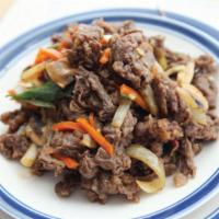 Bulgogi (with Rice and Soup) · Grilled beef bulgogi with rice, soup and kimchi on the side.