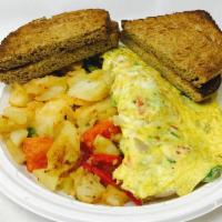 Tompkins Omelette Platter · Eggs mushrooms, avocado, and swiss cheese. Served with a side of home fries, hash browns, or...