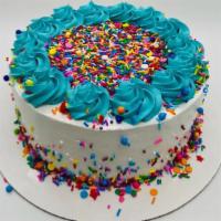 Confetti Round Cake · Serves 10-12. White Cake, Cake Batter Froyo, Vanilla Froyo, Rainbow Sprinkles filling. Toppe...
