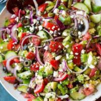Greek Chicken Salad · Grilled chicken, red onions, olives, tomatoes, cucumbers, roasted peppers, feta cheese and b...