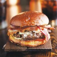 Mushroom Burger · Black angus beef, rosemary garlic button mushrooms, apple wood smoked bacon, smoked gouda ch...