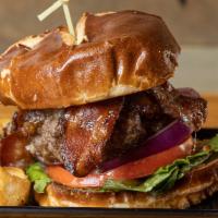 Maple Bacon Jam Burger · Maple glazed Applewood smoked bacon strips, homemade bacon-jam under melted gruyere cheese s...