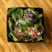 Julep House Salad · Spring mix tossed with cherry tomatoes, sliced onions, mozzarella cheese and applewood smoke...