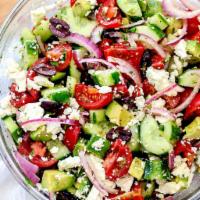 Greek Salad · Mixed Greens, Tomatoes, Cucumbers, Red Onions, Green Peppers, Olives, Feta Cheese & House Vi...