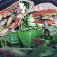 Grilled Vegetables and Avocado Wrap · Served with grilled red pepper, zucchini, eggplant, sun-dried tomatoes and onions. Comes wit...