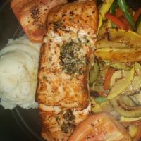 10 oz. Broiled Salmon · Served with homemade mashed potatoes and mixed vegetables.