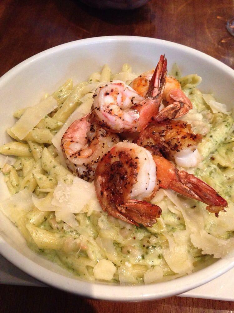 Pesto White Beans and Shrimp Pasta · Penne with white beans in a creamy homemade pesto sauce and jumbo shrimp.