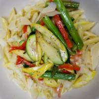Pasta Primavera with Chicken · Served with seasonal vegetables, Parmesan cheese and cream.