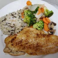 Grilled Grouper · Served with wild rice and sauteed mixed veggies.