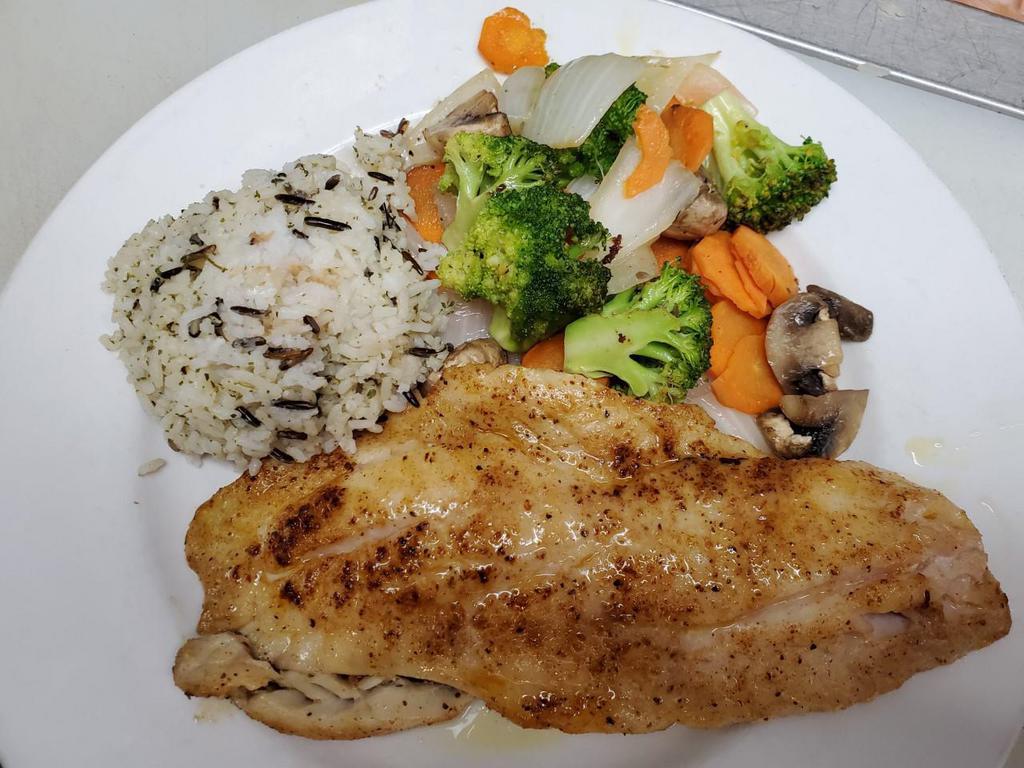 Grilled Grouper · Served with wild rice and sauteed mixed veggies.