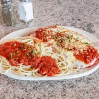 Fresh Chicken Breast Parmigiana · Lightly breaded chicken breast topped with mozzarella cheese and marinara sauce. Includes a ...