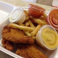 Chicken Fingers Lunch · 4 all-white meat chicken strips served hot and crispy, golden brown with your choice of sauce.