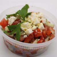 Greek Salad · Fresh Cucumber, Tomatoes, Olive Oil, with Mint Leaves and Feta Cheese