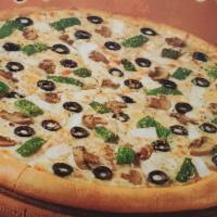 Veggie Pizza · Large round pizza with onions, green peppers, black olives and mushrooms. 