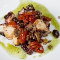 POLIPO (Octpus) · Seared octopus, red onions,  gaeta olives, confit cherry tomatoes ,
Basil olive 