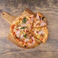Capricciosa Pizza · Tomato sauce, mozzarella, artichokes, Italian ham, mushrooms and olives.