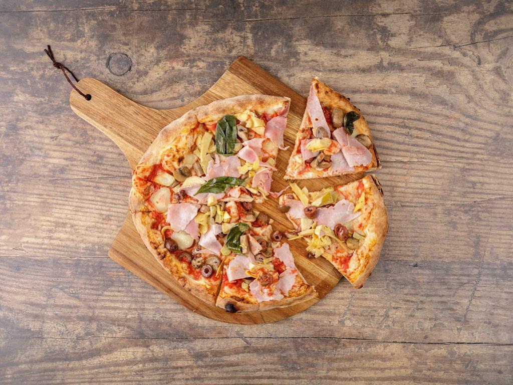 Capricciosa Pizza · Tomato sauce, mozzarella, artichokes, Italian ham, mushrooms and olives.
