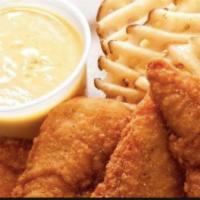 Chicken Fingers with Fries · Four seasoned chicken finger and fries 🍟 comes with a Soda and honey mustard