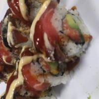 Crazy Tuna Roll · Spicy tuna jalapeno, avocado, topped with pepper tuna, sweet sauce and spicy mayo.